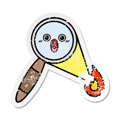 distressed sticker of a cute cartoon magnifying glass