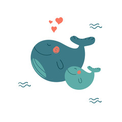 Cute cartoon whale with baby whale enjoying summer. Lovely childish vector illustration.