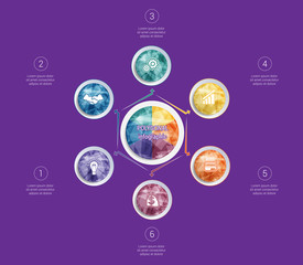 Polygonal infographics. For designs on 6 positions colorful circles with triangles and polygons in a circle
