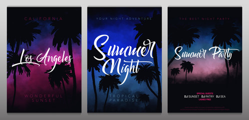 Set of Summer tropical backgrounds with palms, sky and sunset. Summer Time.