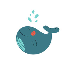 Cute cartoon whale enjoying summer. Lovely childish vector illustration.