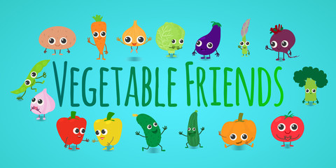 Vegetable friends concept banner. Cartoon banner of vegetable friends vector concept for web, giftcard and postcard