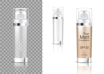 Mock up Realistic Transparent Pump Bottle Cosmetic Foam Soap, Shampoo, Cream, Oil Dropper for Skincare Foundation Product Packaging With Metallic Cap on white Background Illustration