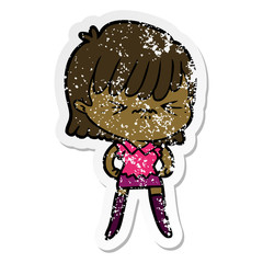 distressed sticker of a annoyed cartoon girl
