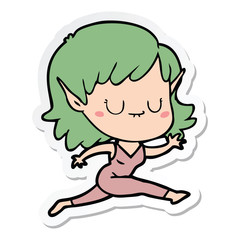 sticker of a happy cartoon elf girl running