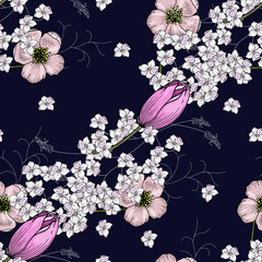 Blooming realistic isolated flowers of chamomile and tulips. Hand drawn vector illustration. Trendy seamless floral pattern. Vintage background.