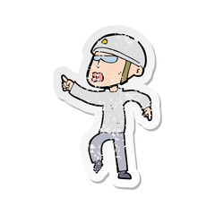 retro distressed sticker of a cartoon man in bike helmet pointing
