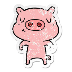 distressed sticker of a cartoon content pig