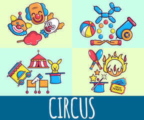 Naklejka premium Circus concept banner. Cartoon banner of circus vector concept for web, giftcard and postcard