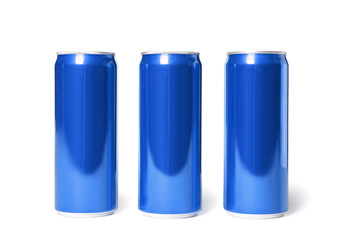 Blank metal blue cans on white background. Mock up for design