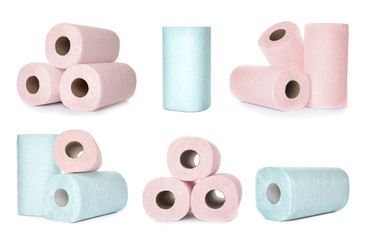 Set of toilet paper rolls on white background
