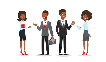 Vector illustration of African American men and women in business clothes, standind and talking together. Black business characters for design in cartoon style, isolated on white background. Character