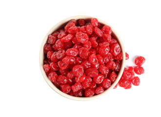 Bowl with tasty cherries on white background, top view. Dried fruits as healthy food