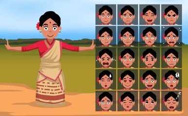 Bihu Indian Woman Cartoon Emotion faces Vector Illustration-01
