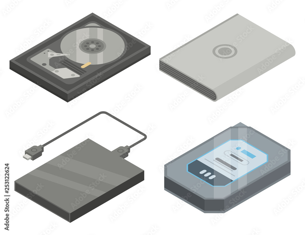 Poster hard disk icons set. isometric set of hard disk vector icons for web design isolated on white backgr