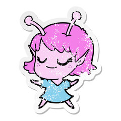 Fototapeta premium distressed sticker of a smiling alien girl cartoon