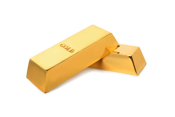Precious shiny gold bars on white background