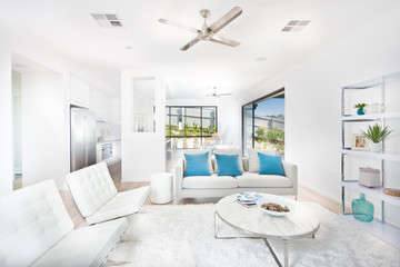 Modern living room with white walls illuminated  with sunlight