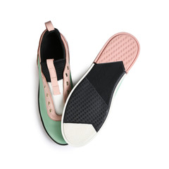 Stylish modern shoes on white background, top view