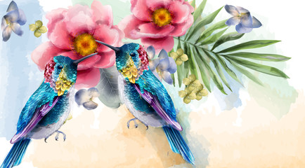 Fototapety  Kolorowe kolibry i kwiaty akwarela wektor. Tła kart tropikalnych