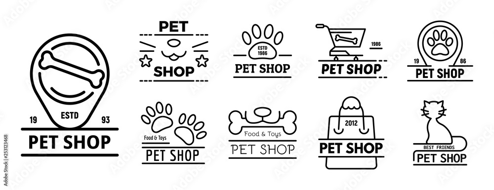 Poster pet store icons set. outline set of pet store vector icons for web design isolated on white backgrou