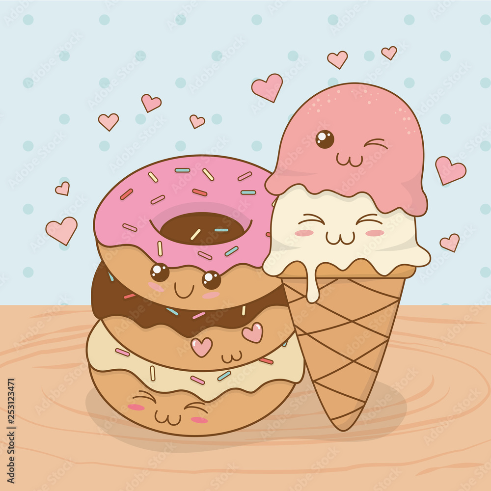 Wall mural ice cream with donuts kawaii characters