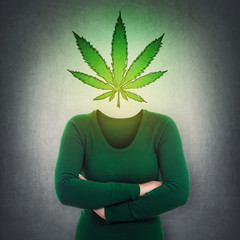marijuana leaf symbol instead head - obrazy, fototapety, plakaty