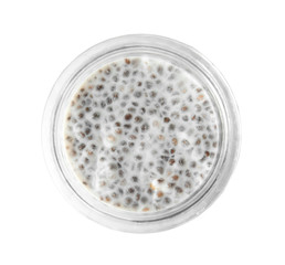 Jar of tasty chia seed pudding isolated on white, top view