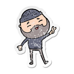 distressed sticker of a cartoon happy bearded man