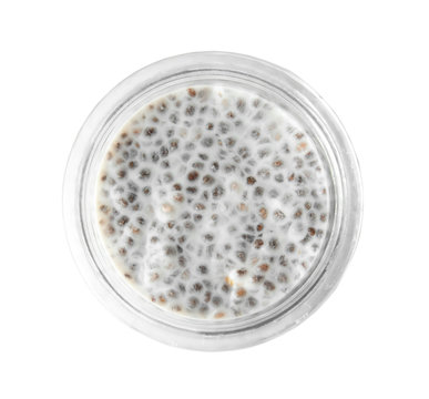 Jar Of Tasty Chia Seed Pudding Isolated On White, Top View