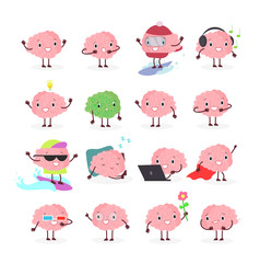 Fototapeta premium Vector illustration set of brain emoji, emotion brainy character in different positions and emotions, brainstorming set isolated on white background in flat cartoon style.