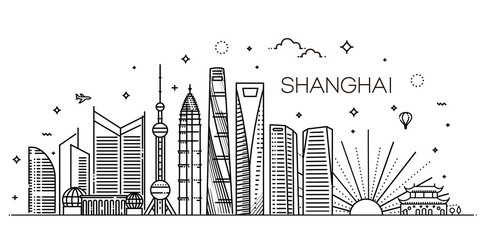 Shanghai architecture line skyline illustration. Linear vector cityscape with famous landmarks