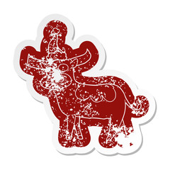 cartoon distressed sticker of a bull wearing santa hat