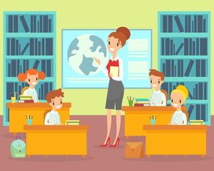 Vector illustration children in classroom with teacher. Female teacher teaches students in elementary school, happy children preschool studying. Students with teacher in flat cartoon style.