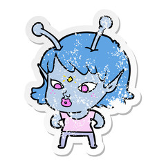 distressed sticker of a pretty cartoon alien girl
