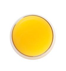 Glass of orange juice on white background, top view