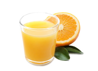 Glass of orange juice and fresh fruit on white background