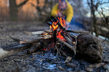 In the spring forest near the bonfire