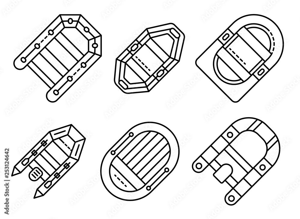 Poster inflatable boat icons set. outline set of inflatable boat vector icons for web design isolated on wh