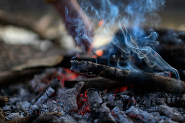 Smoke bonfire in the evening forest in spring