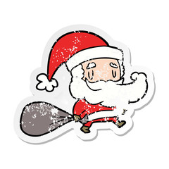 distressed sticker of a cartoon santa claus with sack