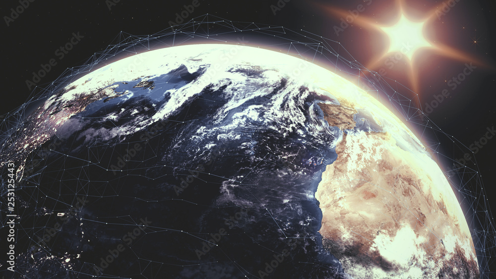 Wall mural realistic sunrise over planet earth 3d illustration. sunrise with digital data grid. globe lits up f