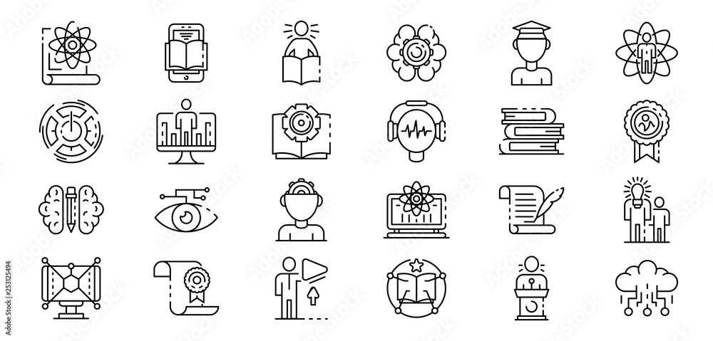 Poster interactive learning icons set. outline set of interactive learning vector icons for web design isol