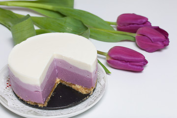 Obraz na płótnie Canvas Blueberry cheesecake. A piece of ready-made dessert on a saucer. Jelly layers of different colors are visible. Near a cup of coffee and a bouquet of tulips.