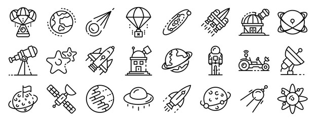 Space research technology icons set. Outline set of space research technology vector icons for web design isolated on white background