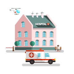 Hospital Building with Ambulance Car, Helicopter and Man Reading Newspapers. Vector Urban Landscape.