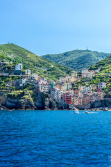 The cityscape of Riomaggiore viewed from the sea, Cinque Terre, Italy, Riviera