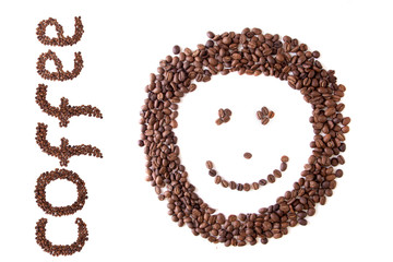 close up bunch of brown Coffee beans with an inscription COFFEE grains, isolated on white