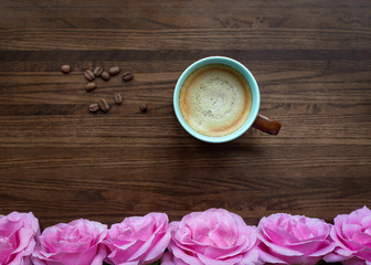 Flat lay, top view, copy space text, creative layout. Cup of coffee with foam over wooden texture background. Cafeteria bar wallpaper 