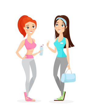 Vector illustration of young girls in sport clothes, fitness concept, two friends doing sport. Young pretty women in sportswear isolated on white background in flat cartoon style.